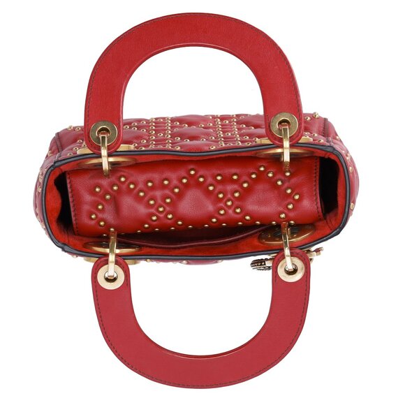 Christian Dior Lady Dior Mini Bag Handbag Red Gold Leather Studded - Picture 9 of 10